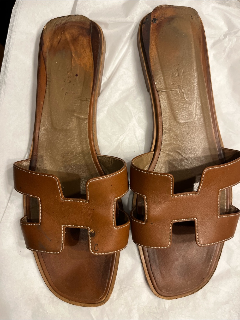 Hermes Cognac Leather 'Oran' Slide Sandals